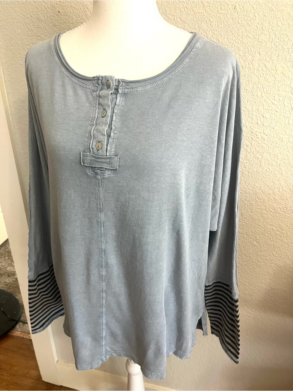 Easel Women’s Light Blue Long Sleeve Henley Top with Striped Cuffs - Picture 2 of 8